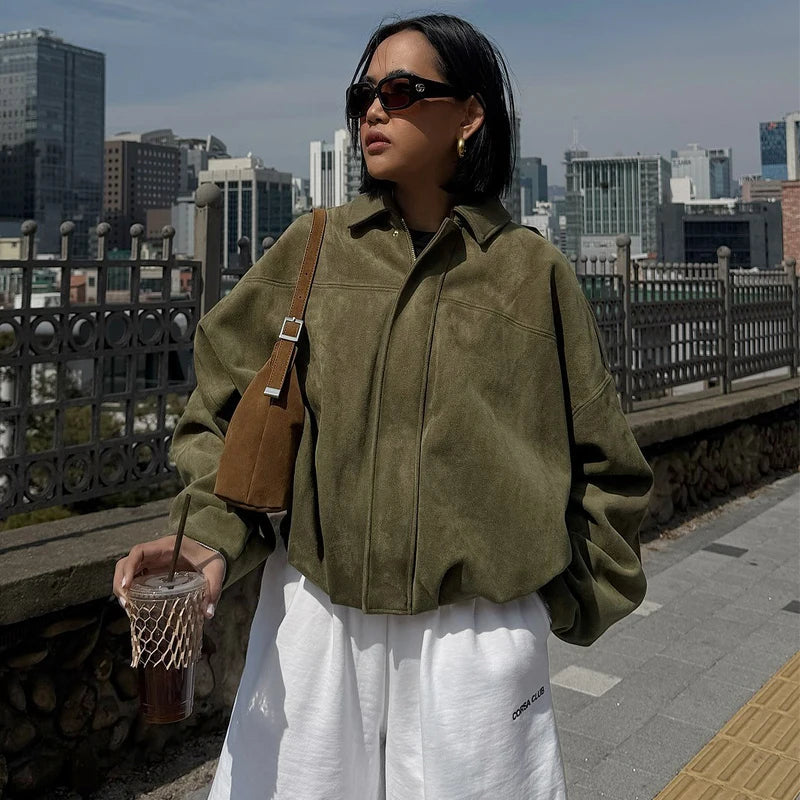 HXAO Women's Bomber Jacket Lapel Long Sleeve Zipper Suede Jacket Women 2025 High Street Cropped Racing Jackets Coats Outerwears