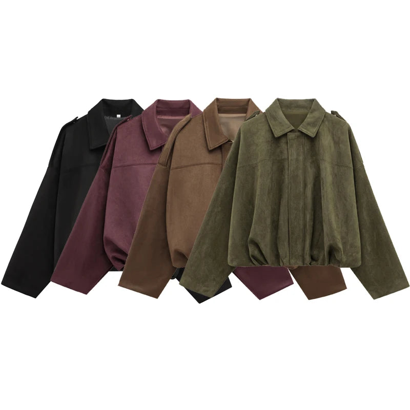 HXAO Women's Bomber Jacket Lapel Long Sleeve Zipper Suede Jacket Women 2025 High Street Cropped Racing Jackets Coats Outerwears