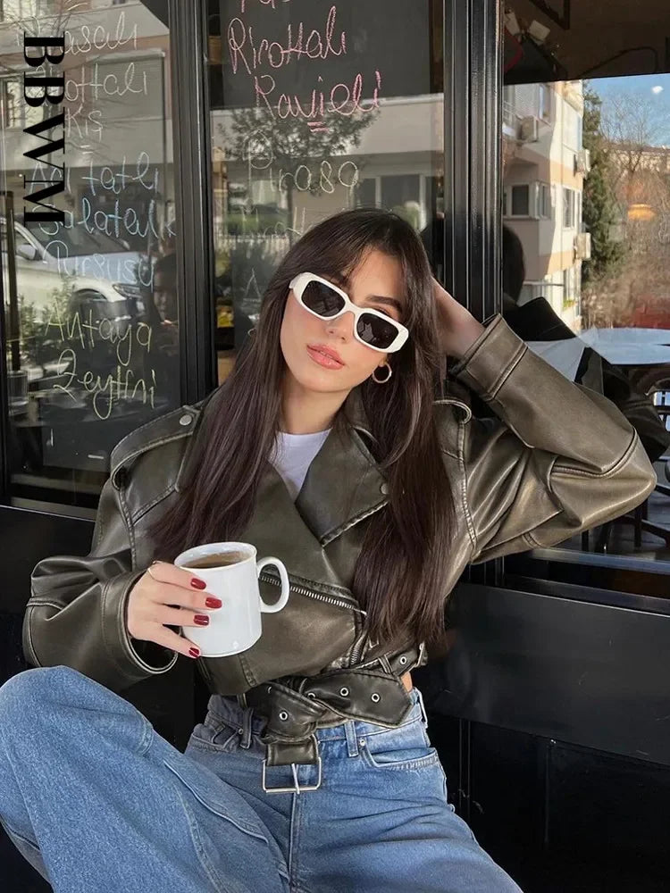 BBWM Women Oversized Vintage Loose Pu Faux Leather Short Jacket with Belt Streetwear Female Zipper Retro Moto Biker Coat Outwear