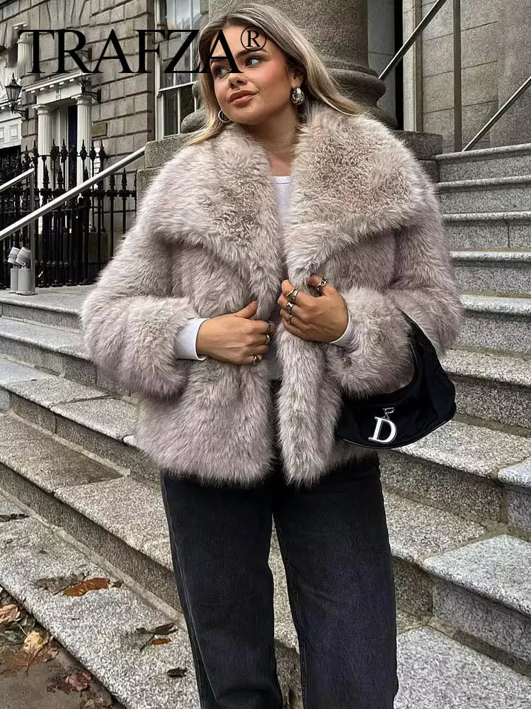 TRAFZA Women Elegant Faux Fur Coat Warm Fluffy Loose Long Sleeve Lapel Jacket Autumn Winter Fashion High Street Lady Outerwear